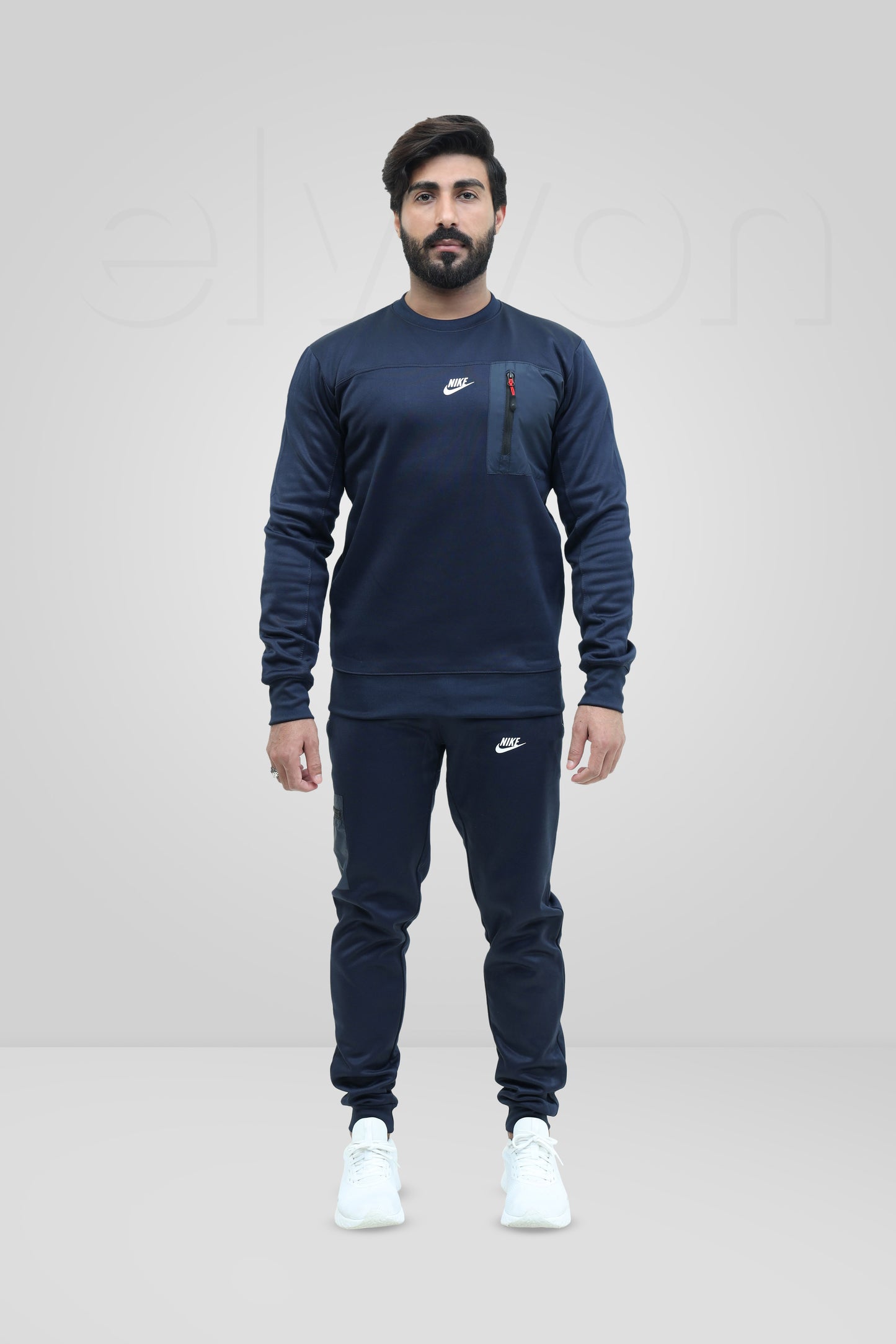 Men Round Neck Navy Blue Tracksuit With Front Pocket