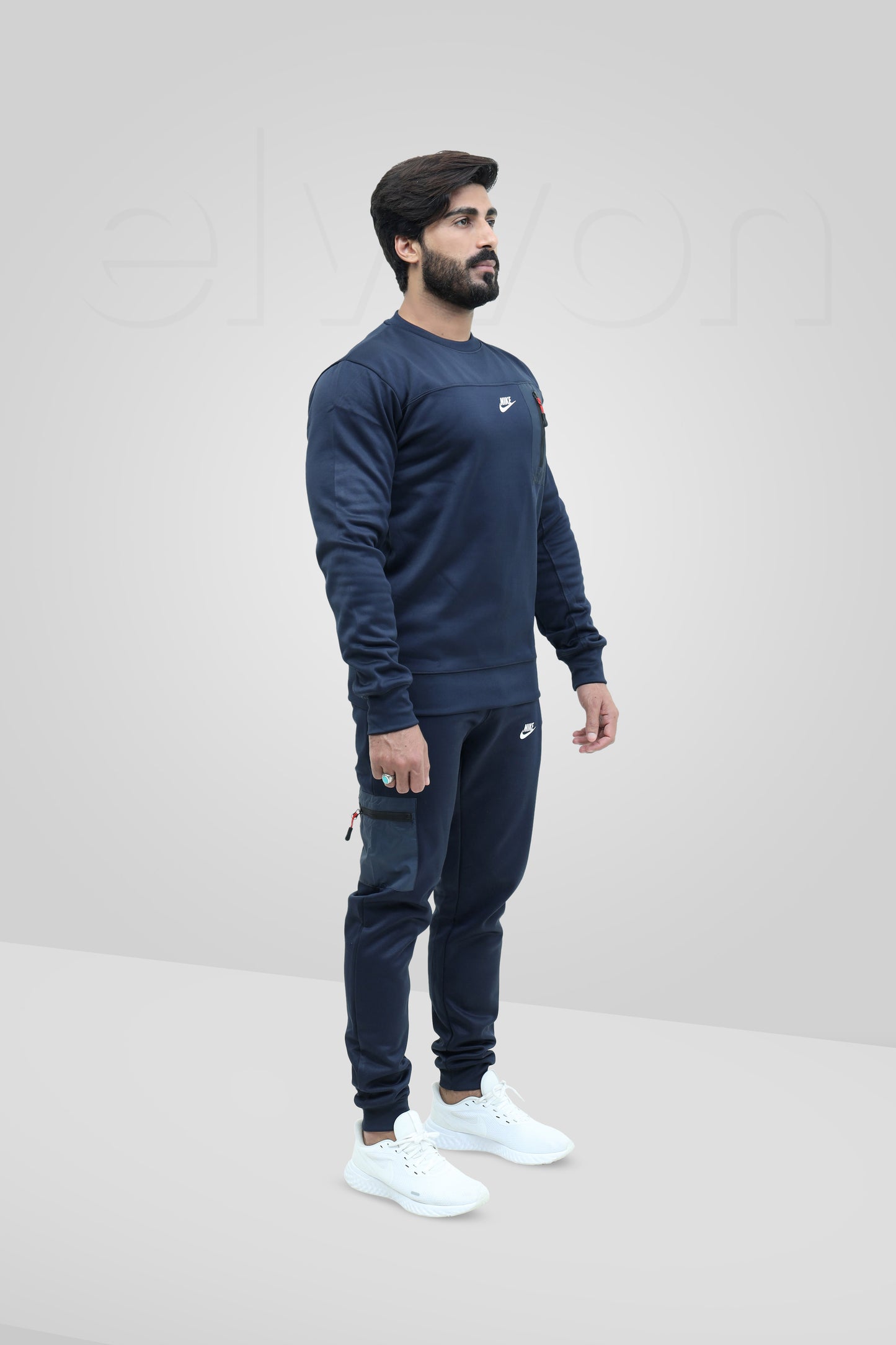 Men Round Neck Navy Blue Tracksuit With Front Pocket