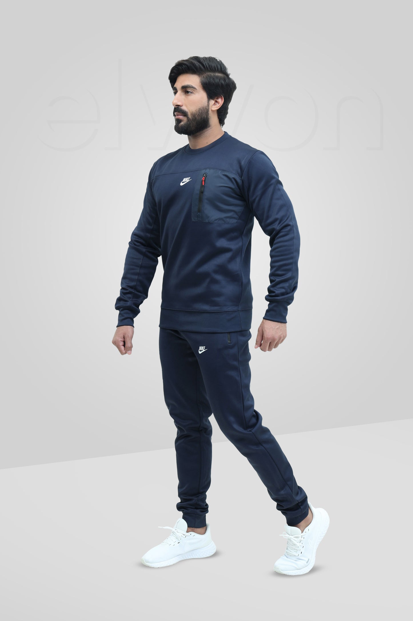 Men Round Neck Navy Blue Tracksuit With Front Pocket