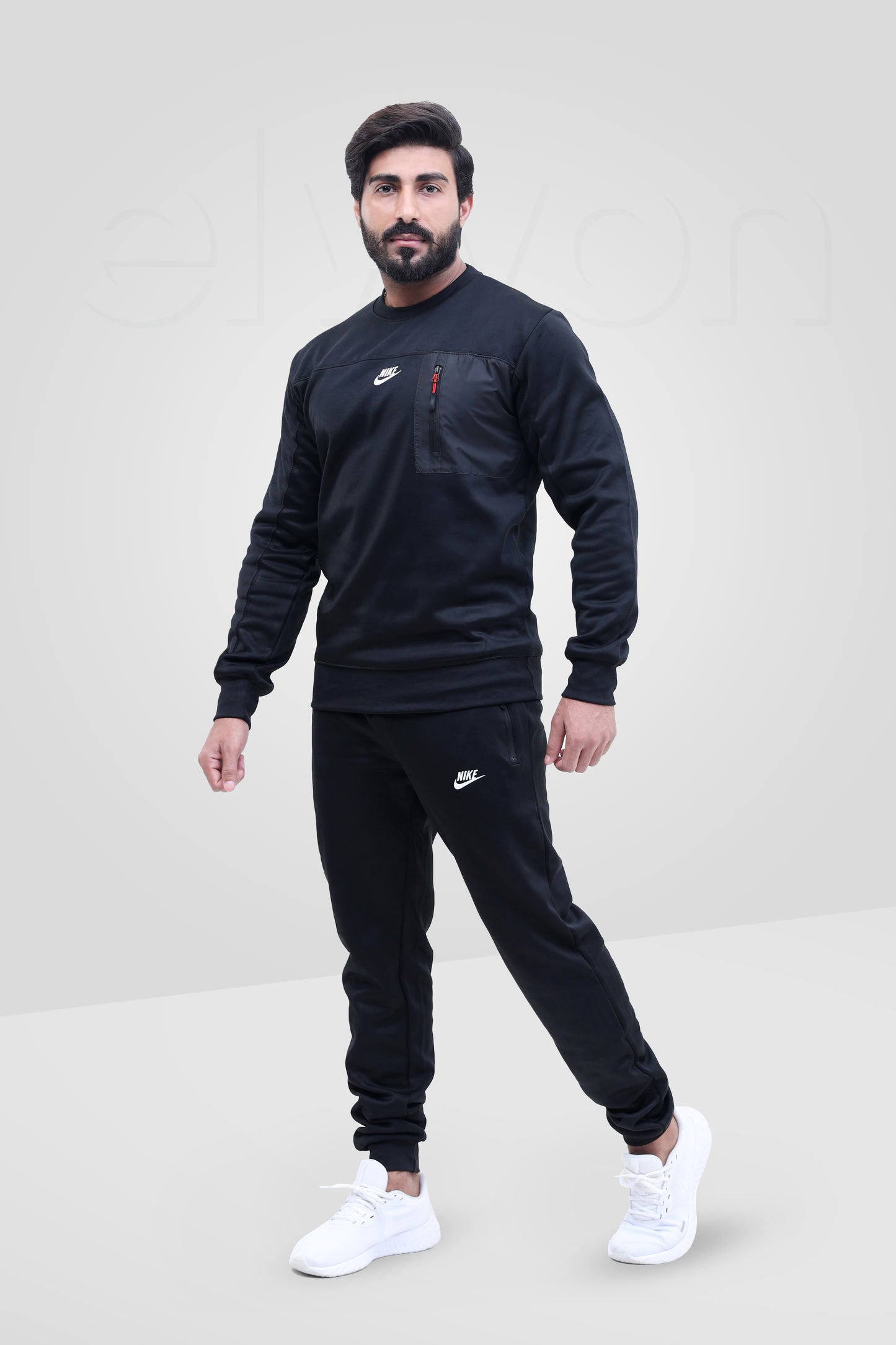 Men Round Neck Black Tracksuit With Front Pocket