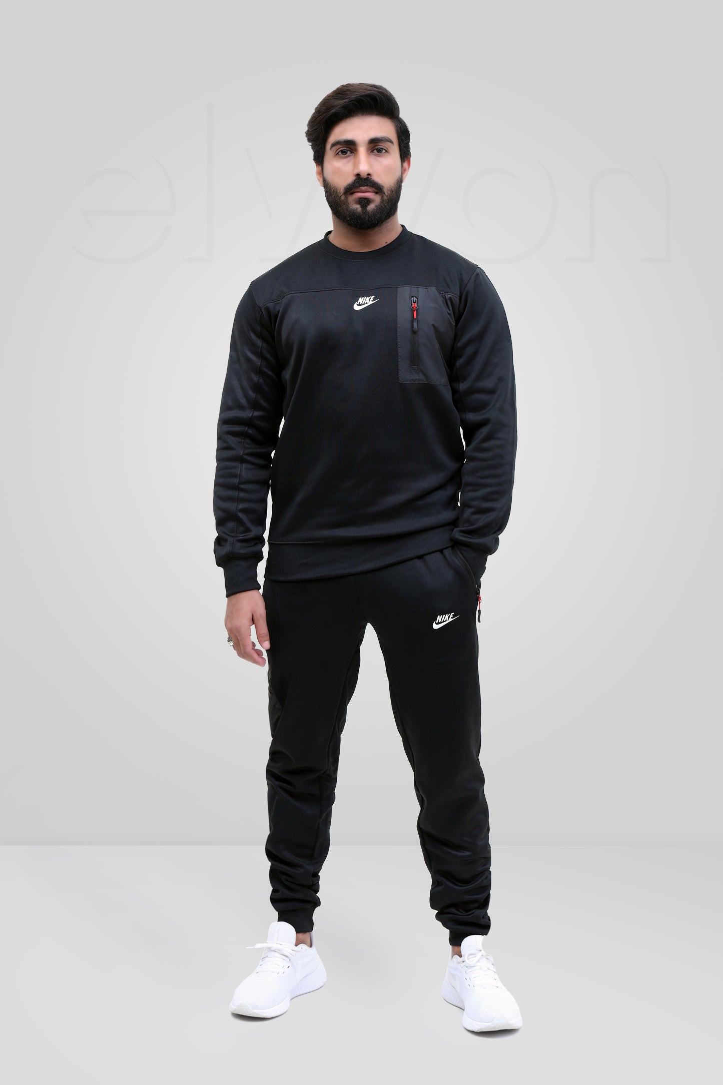 Men Round Neck Black Tracksuit With Front Pocket