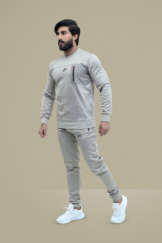 Men Round Neck Gray Tracksuit With Front Pocket